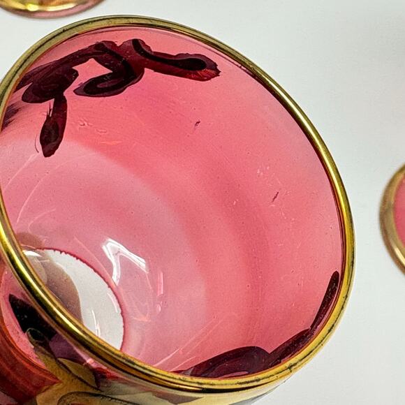 Set 6 Vtg Bohemian Cranberry Shah Qajar Persian King Cordial Glasses Gilt Red - Picture 8 of 9